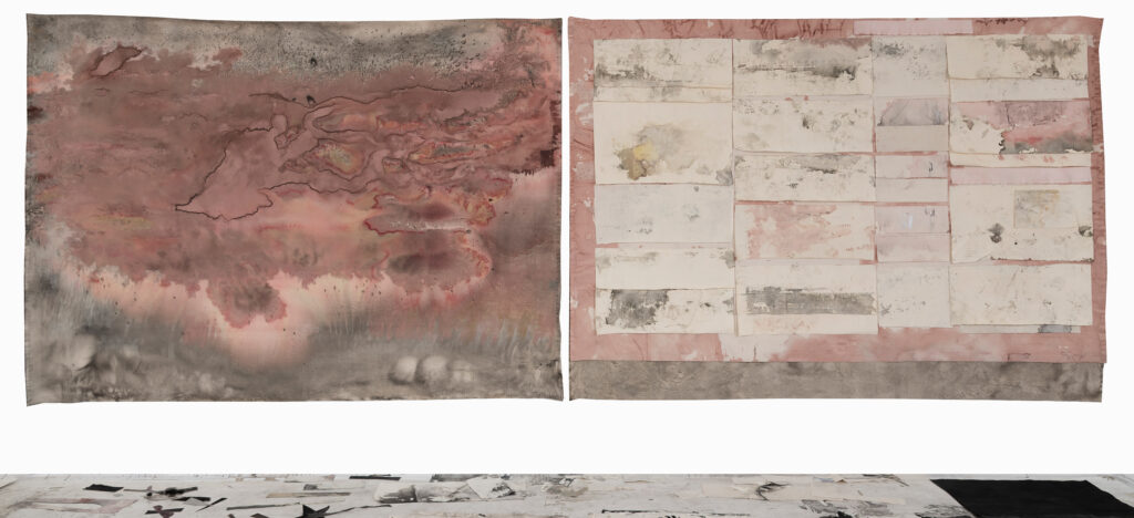 Moss Kunstforening, Dawn, It Elucidates 10/5-8/6 2025, Verk bak: Glittering on the Sea 1 og 2, 272 cm x 180 cm Foto: Øystein Thorvaldsen